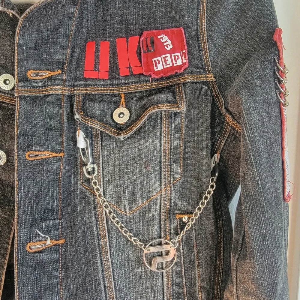 Pepe Jeans London Mens Distressed Denim Jacket Black Punk Graphic Patches Size M
